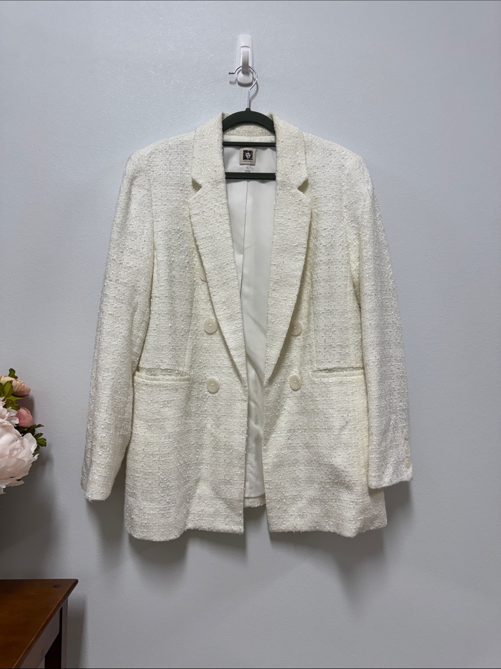 Anne Klein Cream Sparkly Tweed Double-Breasted Blazer